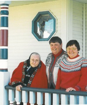 Mim's mom (Selma), Mim and me on the front porch