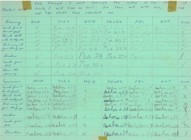 These weekly charts were taped on a window in the dining room for our easy use.