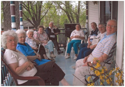 The Friendship Club visiting with us on our front porch during one of their annual day trips to Wisconsin for "Lunch with Mim and Marian."