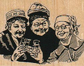 3 ladies drinking - woodcut
