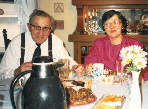 Dad and me laughing over more conversation as we drained the coffee pot