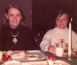 Mim and Marian eating lutefisk dinner at St. Olaf College about 40 years ago.