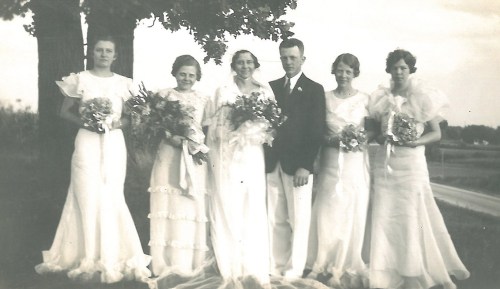 Wedding of Clarice and Joe Vasby. Elsie is standing next to Clarice. Eleanor is on the far right.