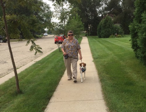 Marian and Floey walking the neighborhood