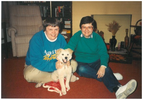 Mim and Marian with Megabyte - our first puppy - in our living room in Chicago.
