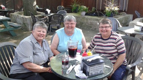 Marilyn, Mim, and Marian in the Beer Garden of Moody's Pub - 2015.