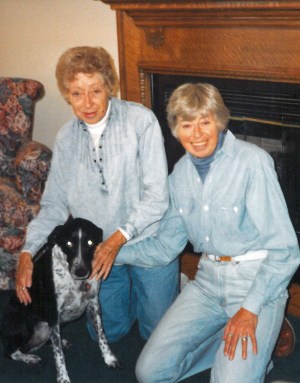 Ruth (left) and her sister Elaine and their first dog Jenny, visiting us in our farmhouse just after we moved from Chicago to the farm in 1992.