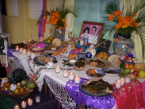 An altar set up in a Mexican home for celebrating Dia de los Muertos